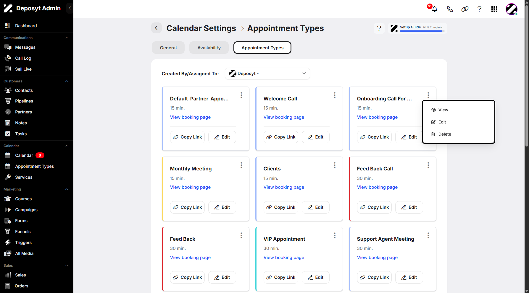 Step 8: You can also view and edit your selected appointment type by clicking the three-dot menu.