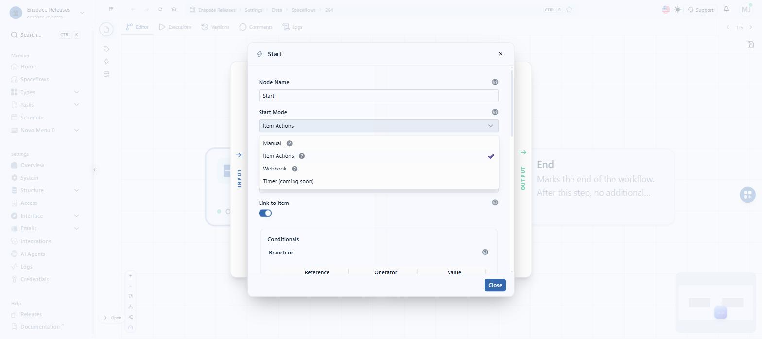 Under Start Mode you can choose Manual, Item Actions, Webhook or Timer (coming soon); here the flow already uses Item Actions, which fires from events in a category