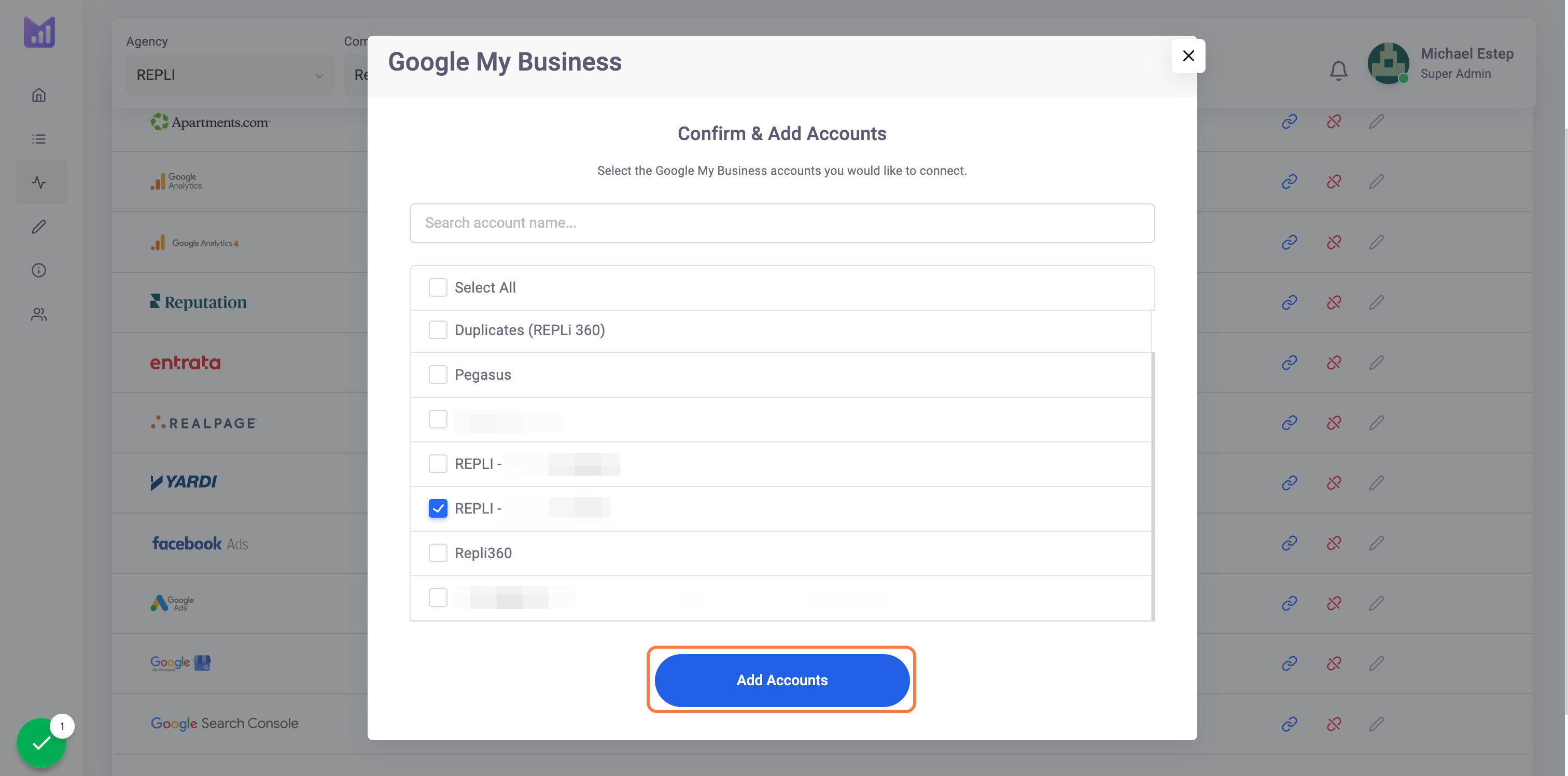 Select the GBP account you want to add to MultiHub by clicking the check boxes. Then, click Add Accounts