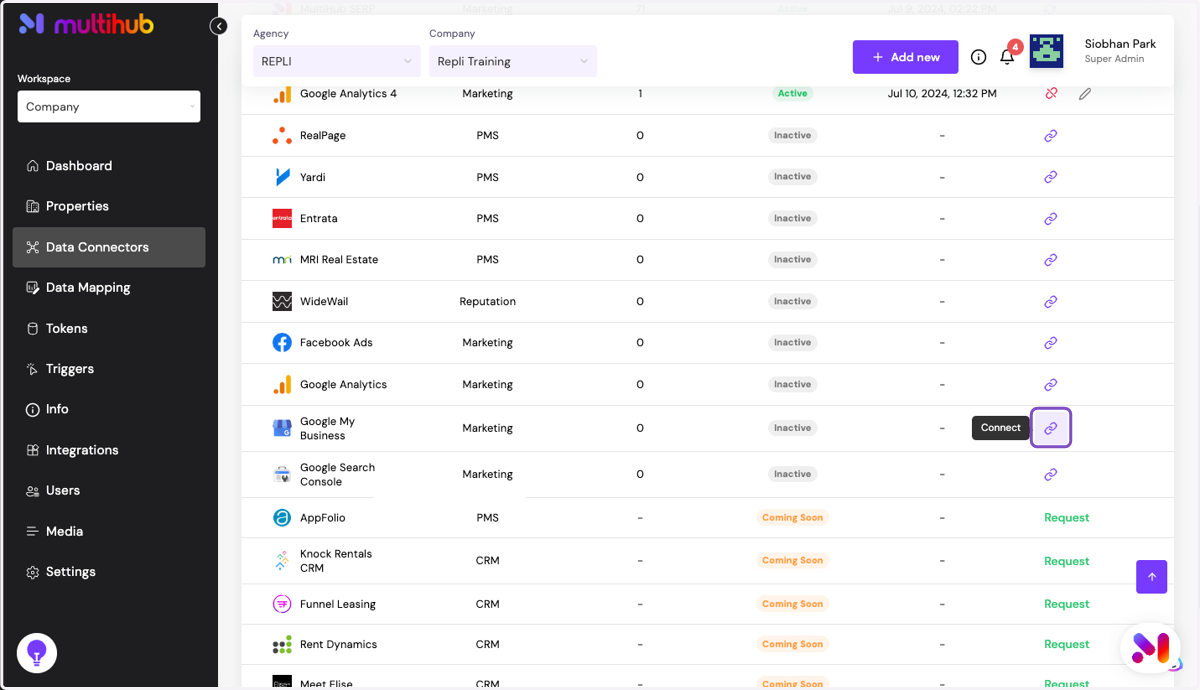 Click on Connect for the Google Business Profile data connector