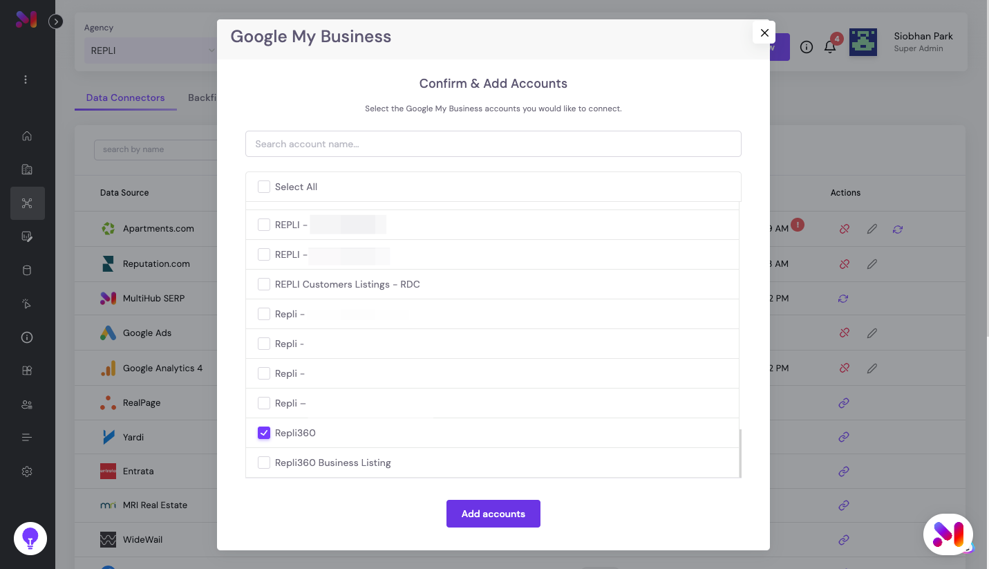 Select the GBP account you want to add to MultiHub by clicking the check boxes. Then, click Add Accounts