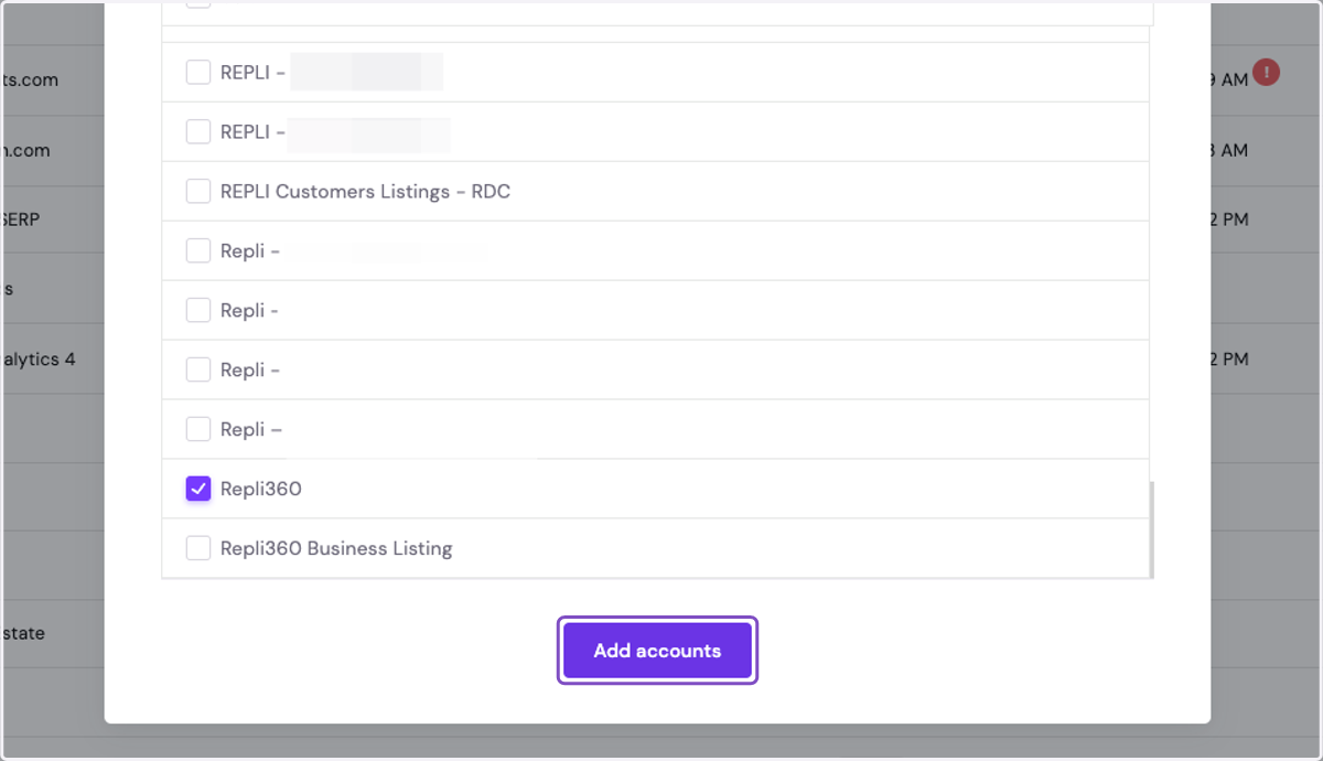 Select the GBP account you want to add to MultiHub by clicking the check boxes. Then, click Add Accounts