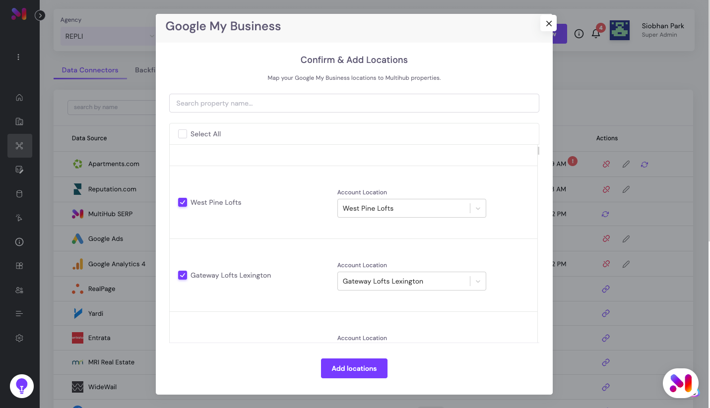 To bulk add, click Select All. Otherwise, manually add any properties using the check box.
