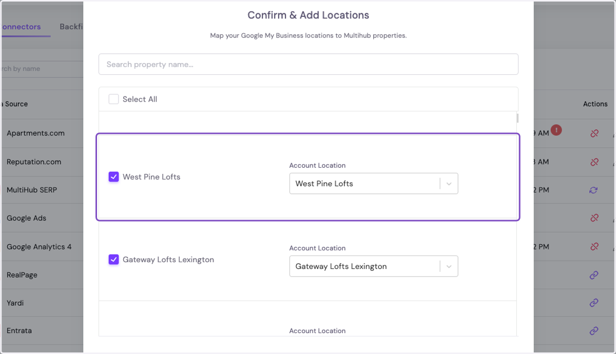 To bulk add, click Select All. Otherwise, manually add any properties using the check box.