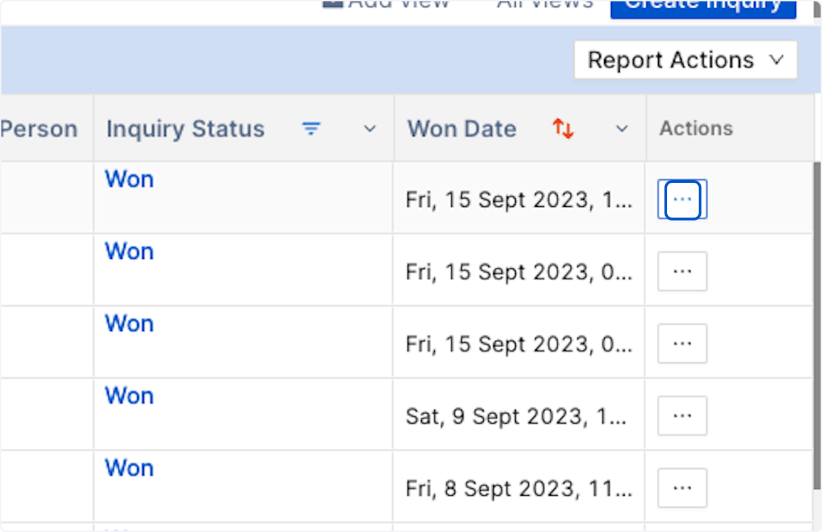 Click on the 3 dots under action column beside the Inquiry that you'd like to change from Won to Lost