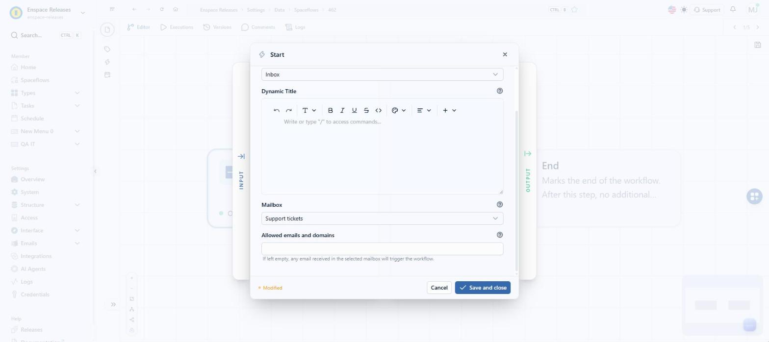 Under Allowed emails and domains, you can restrict who starts the flow. The field accepts more than one value: enter the full email, such as user@company.com, or the domain starting with @, such as @company.com