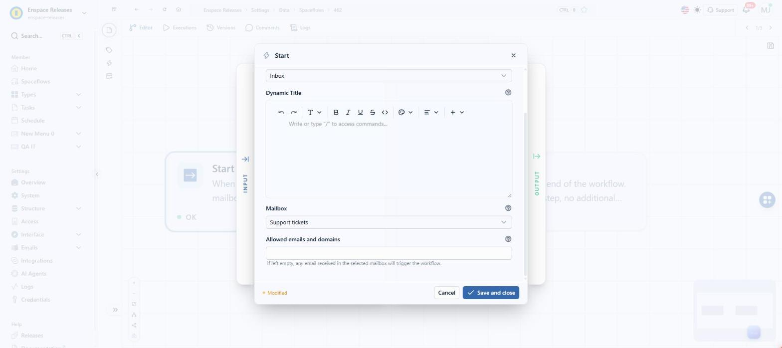 The choice changes the node settings: the Mailbox and Allowed emails and domains fields come in