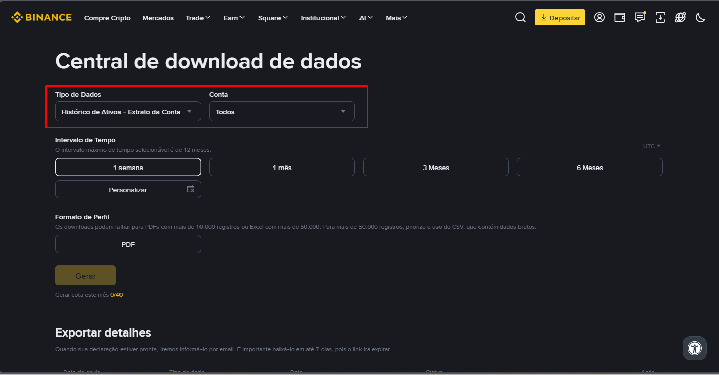 Em Tipo de Dados, confira se está selecionado Histórico de Ativos - Extrato da Conta e, em Conta, deixe Todos