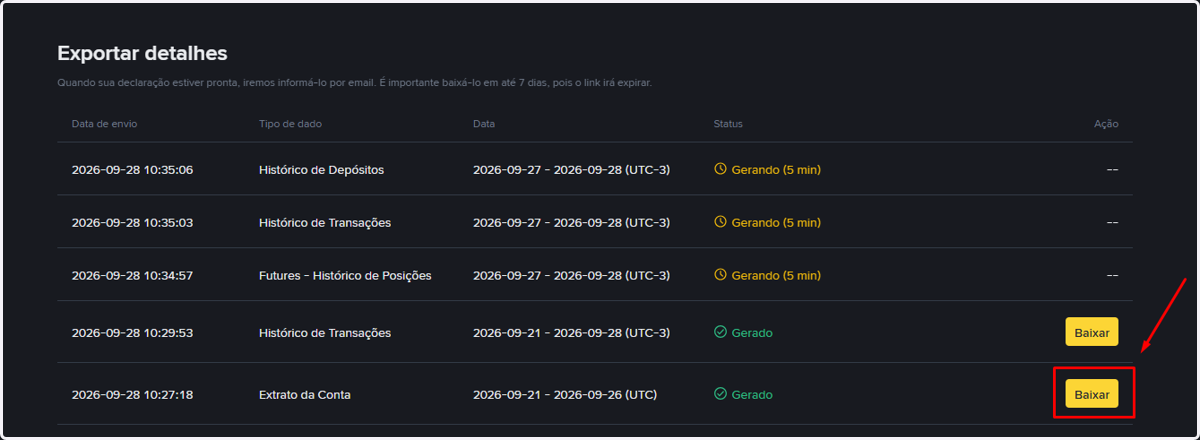 Role a página até Exportar detalhes. Quando o status mudar para Gerado, clique em Baixar