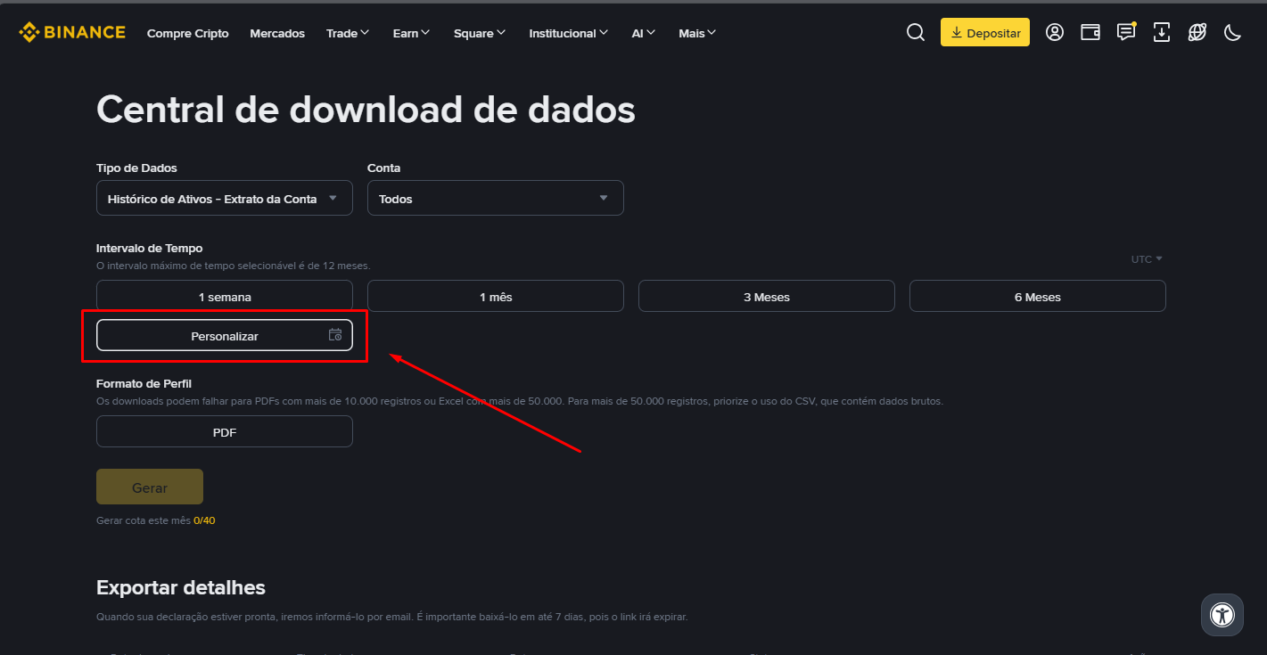 Em Intervalo de Tempo, clique em Personalizar