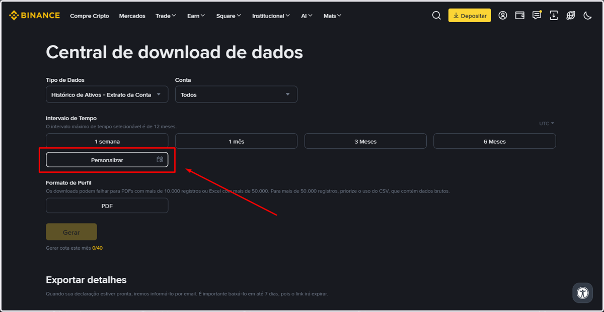 Em Intervalo de Tempo, clique em Personalizar