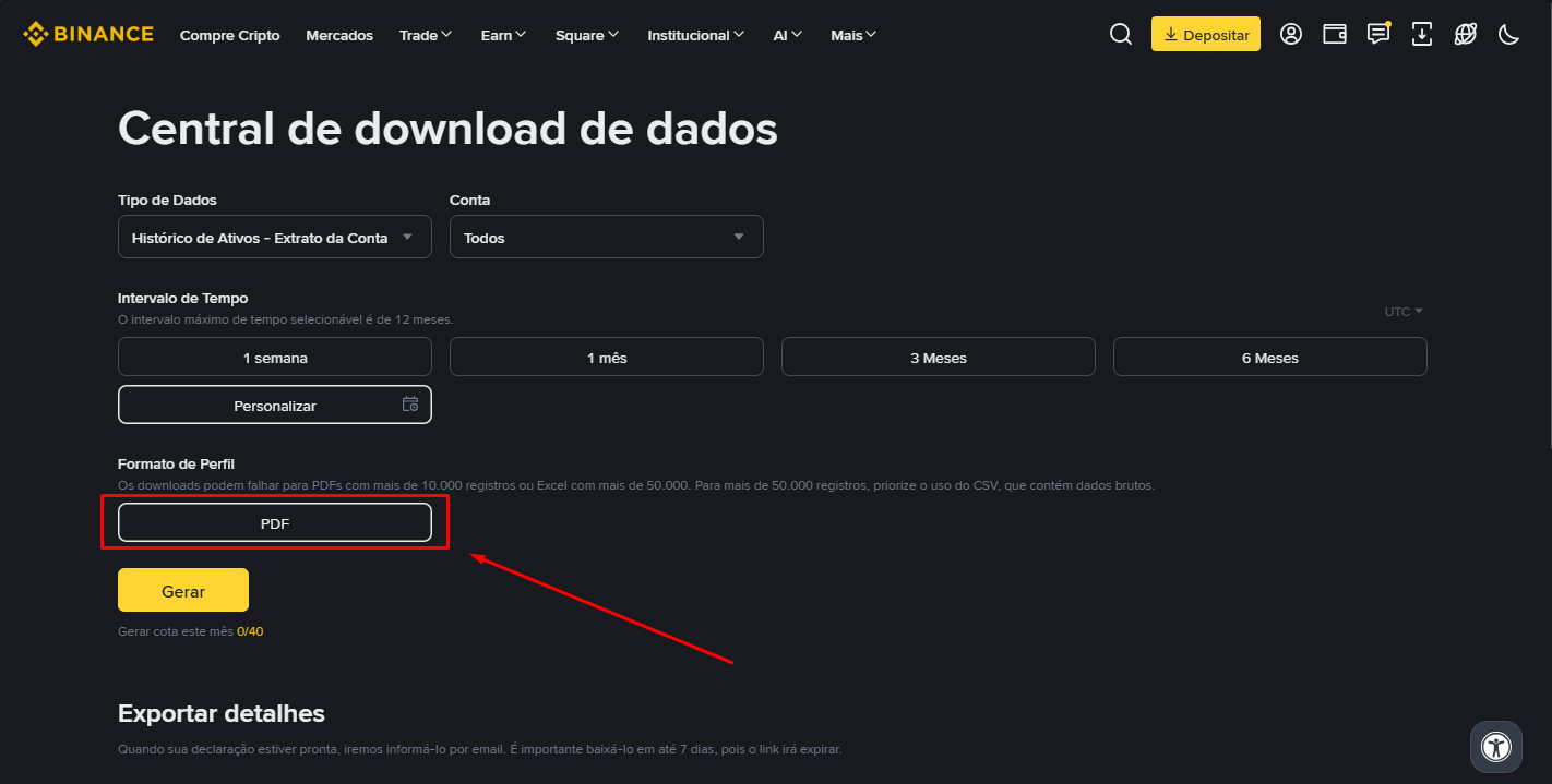 Em Formato de Perfil, selecione PDF