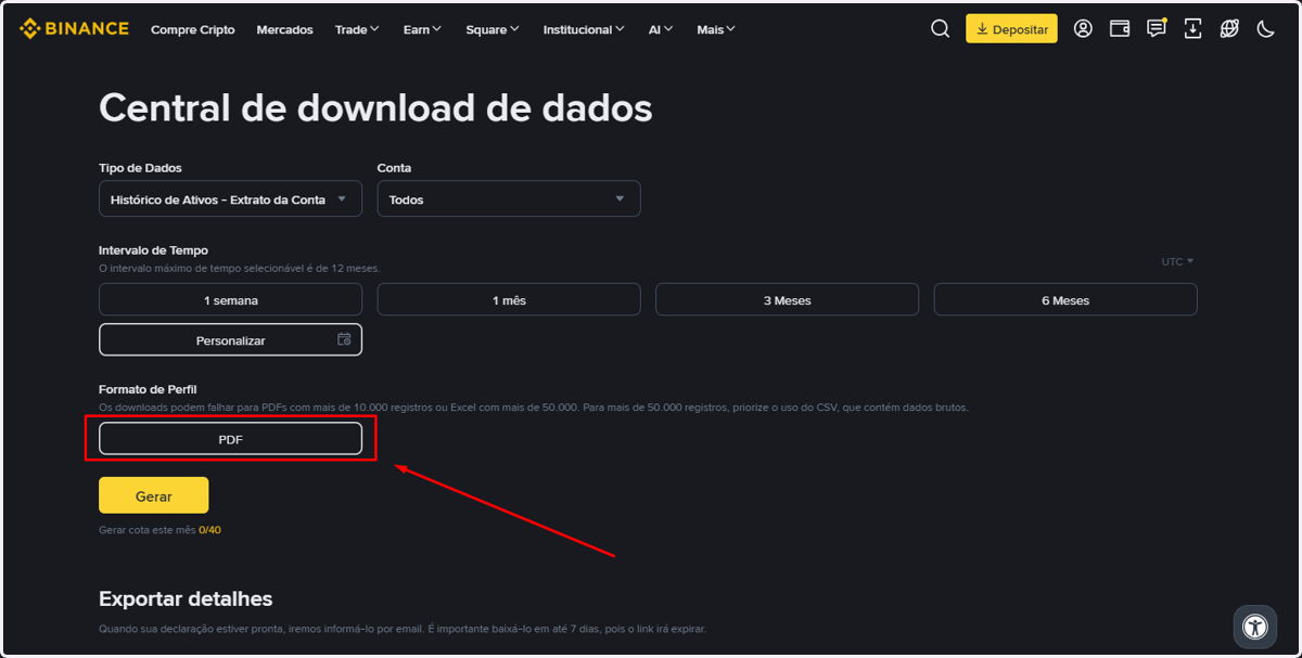 Em Formato de Perfil, selecione PDF