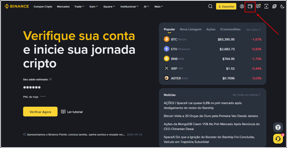 Clique no ícone de carteira, no canto superior direito