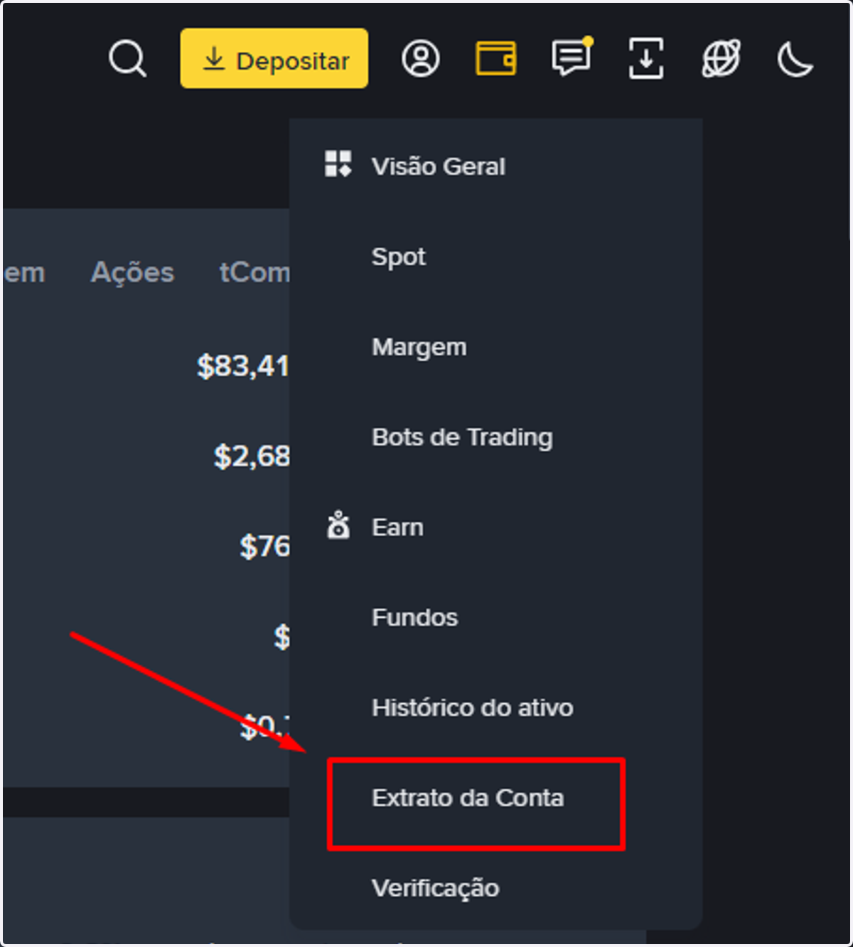 Clique em Extrato da Conta