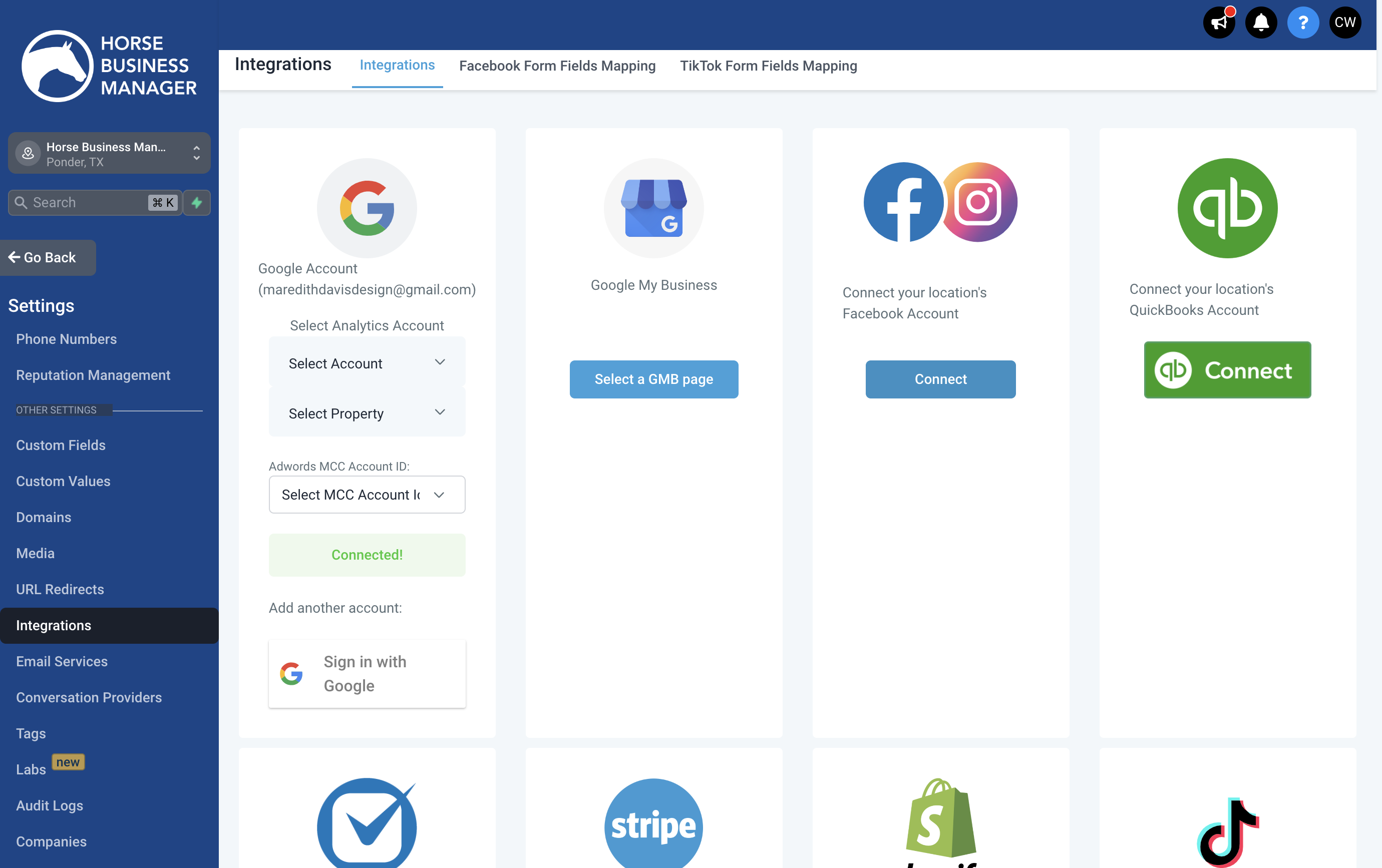Locate the Facebook and Instagram account section. Click on Connect