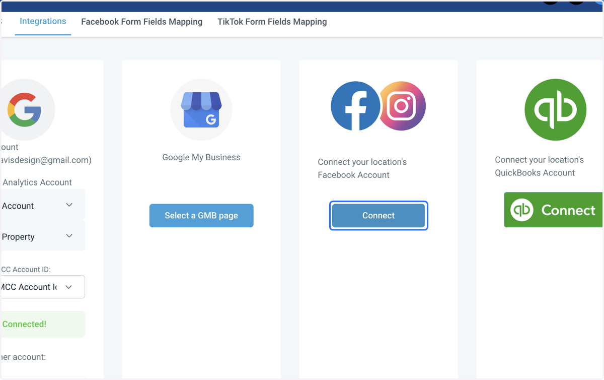Locate the Facebook and Instagram account section. Click on Connect