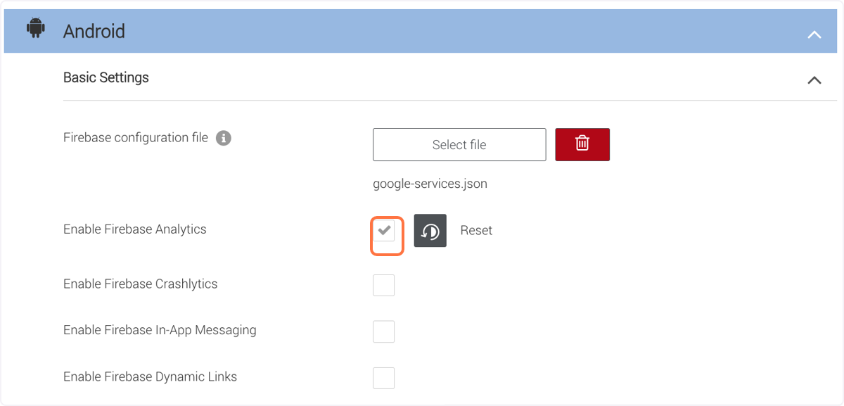 Next to 'Enable Firebase Analytics' check the check box Next to 'Enable Firebase Analytics' check the check box