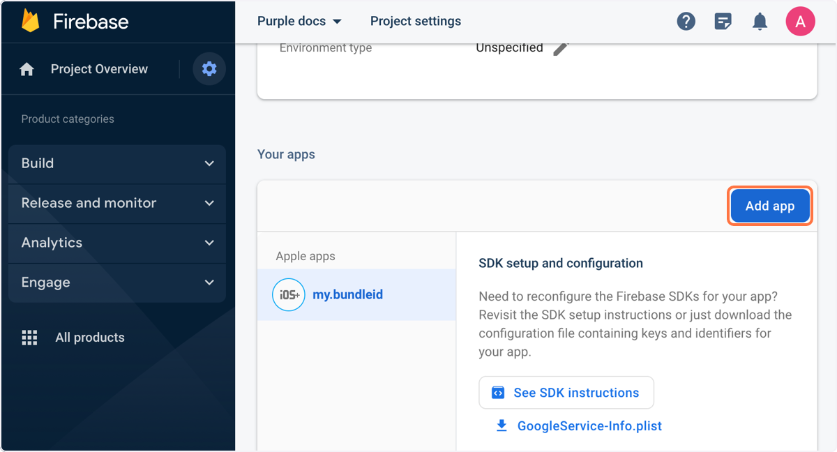Below 'Your apps' click on 'Add app' Below 'Your apps' click on 'Add app'