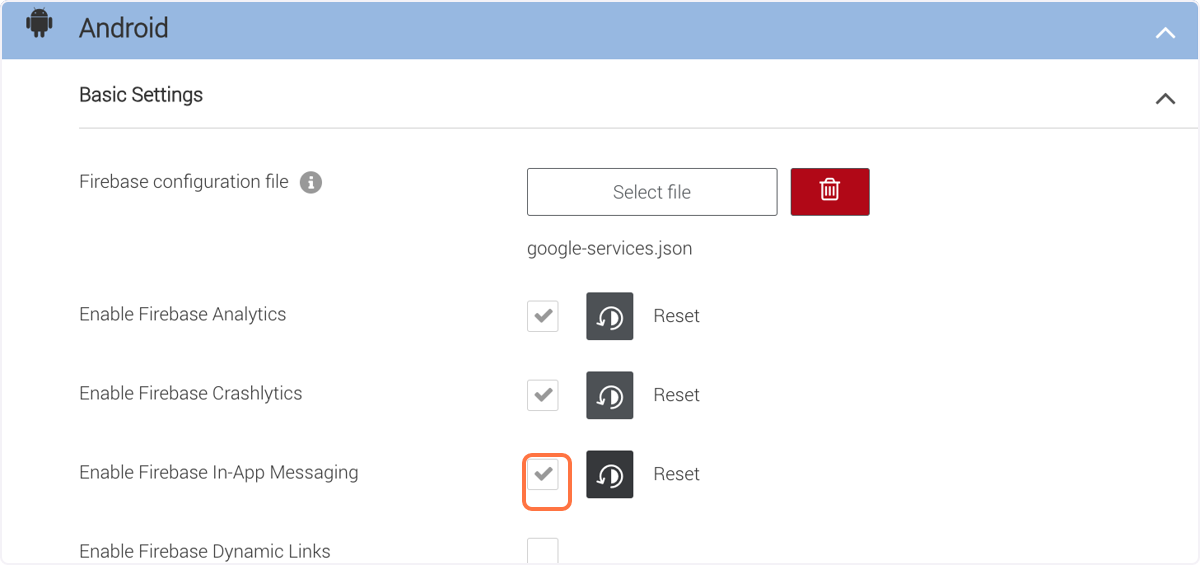 Next to 'Enable Firebase In-App Messaging' check the check box Next to 'Enable Firebase In-App Messaging' check the check box