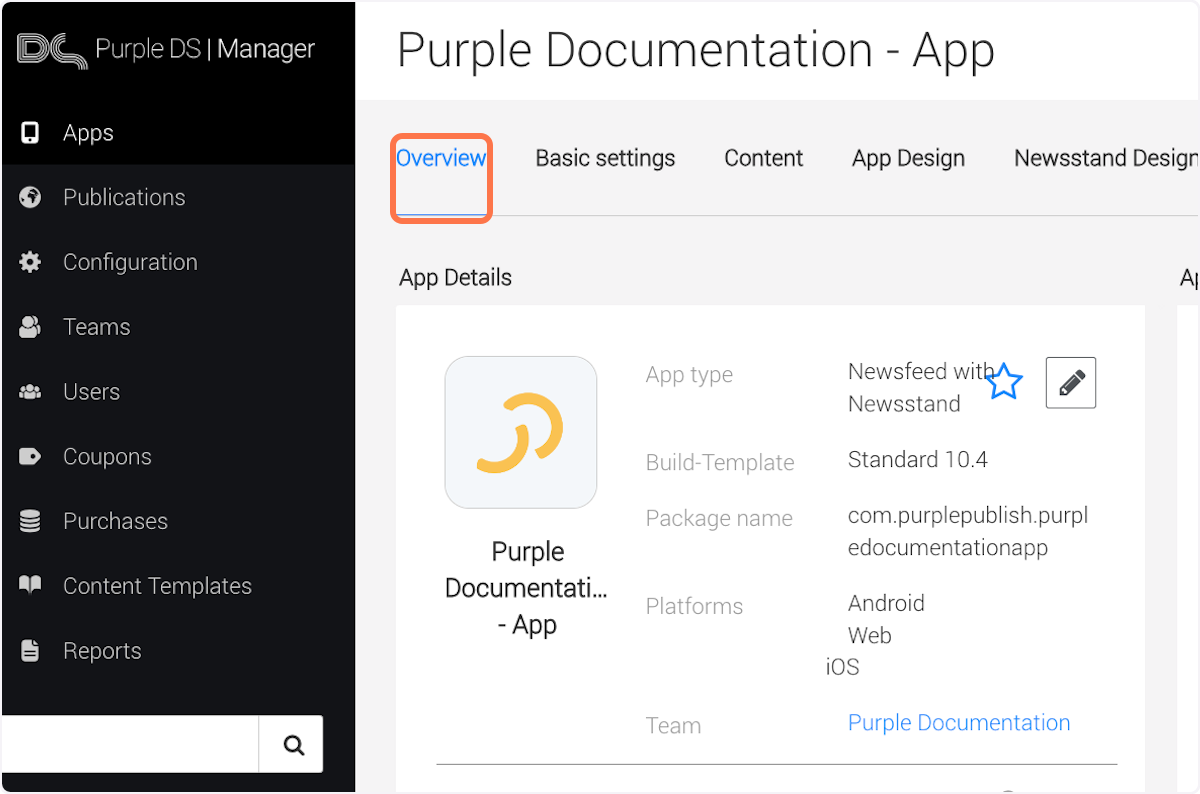 Go to Purple Manager -> 'Apps' and -> 'Overview'