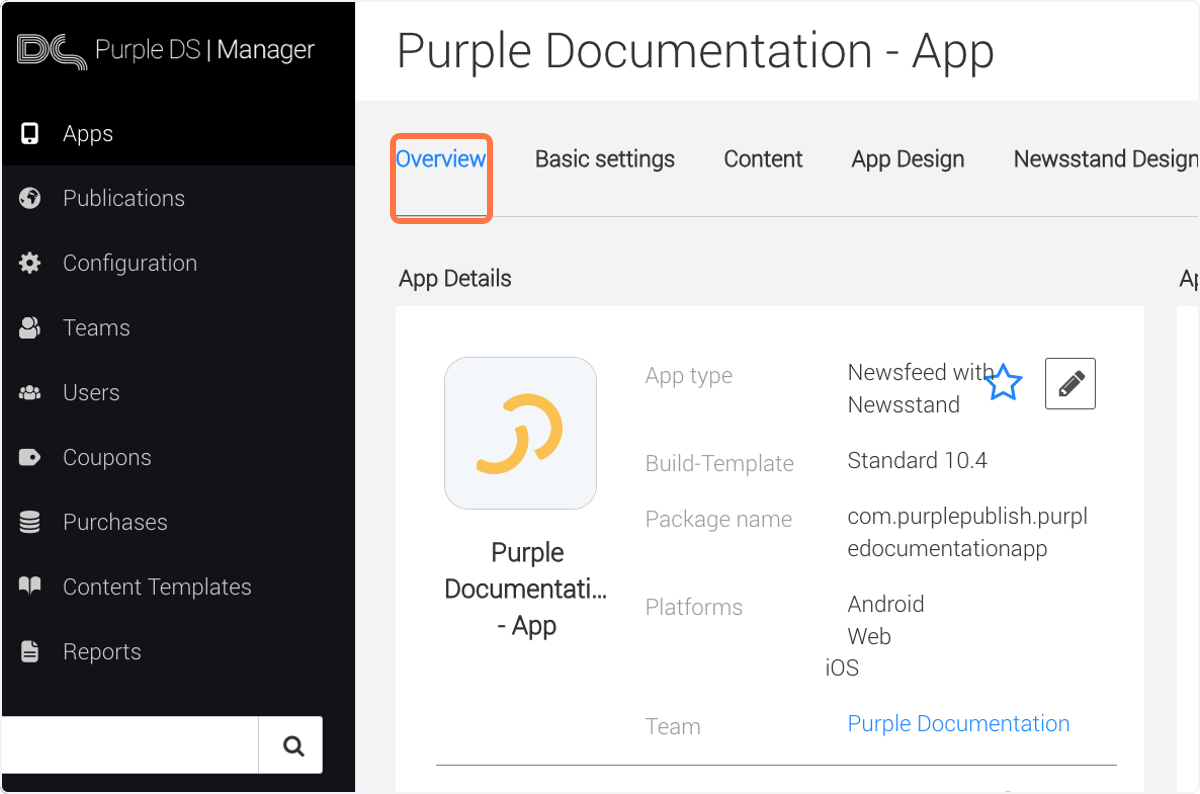Go to Purple Manager -> 'Apps' and -> 'Overview' Go to Purple Manager -> 'Apps' and -> 'Overview'