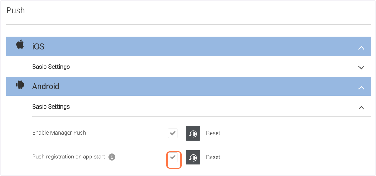 Next to 'Push registration on app start' check the check box Next to 'Push registration on app start' check the check box