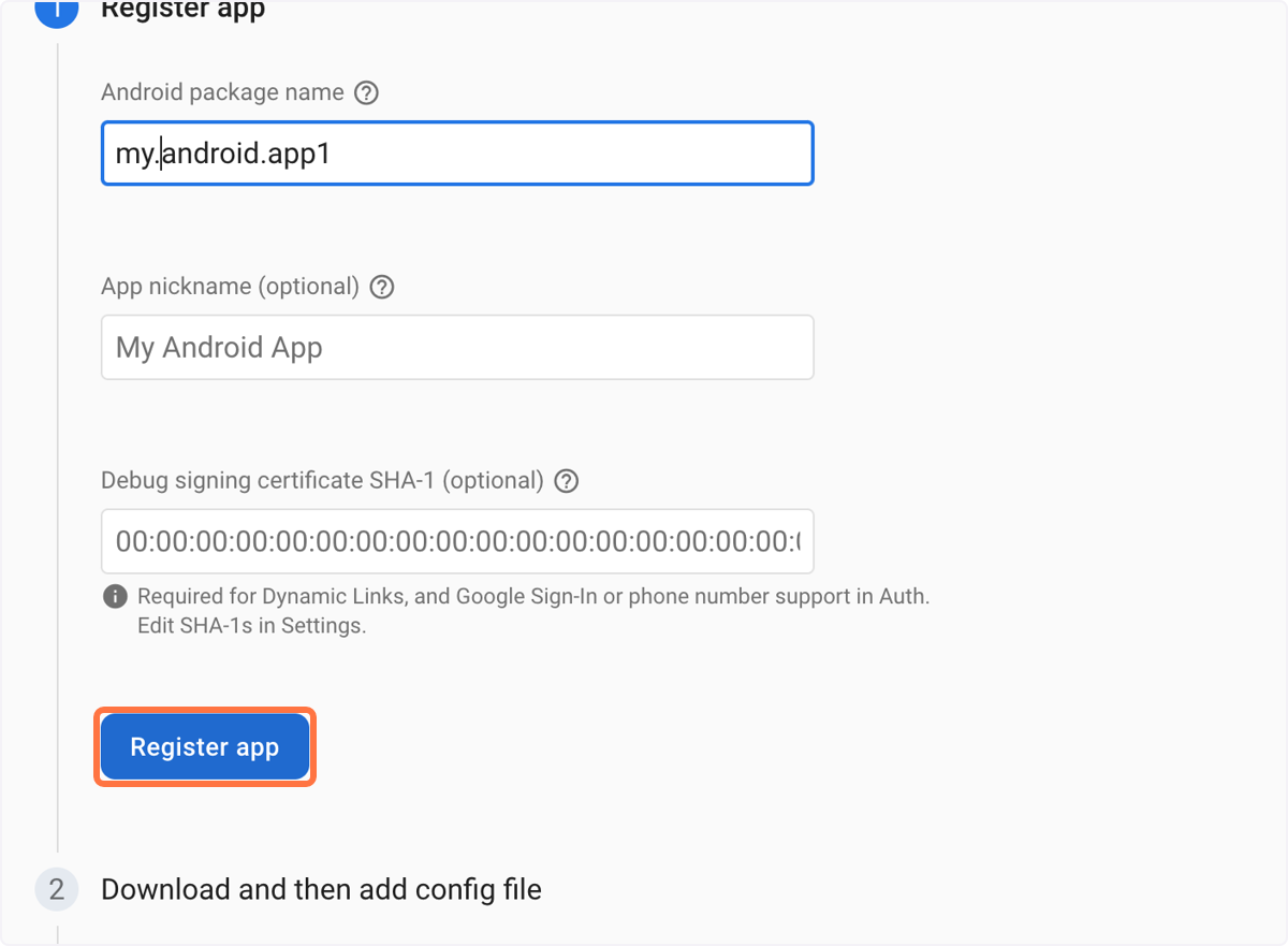 8. Click on 'Register app' 8. Click on 'Register app'