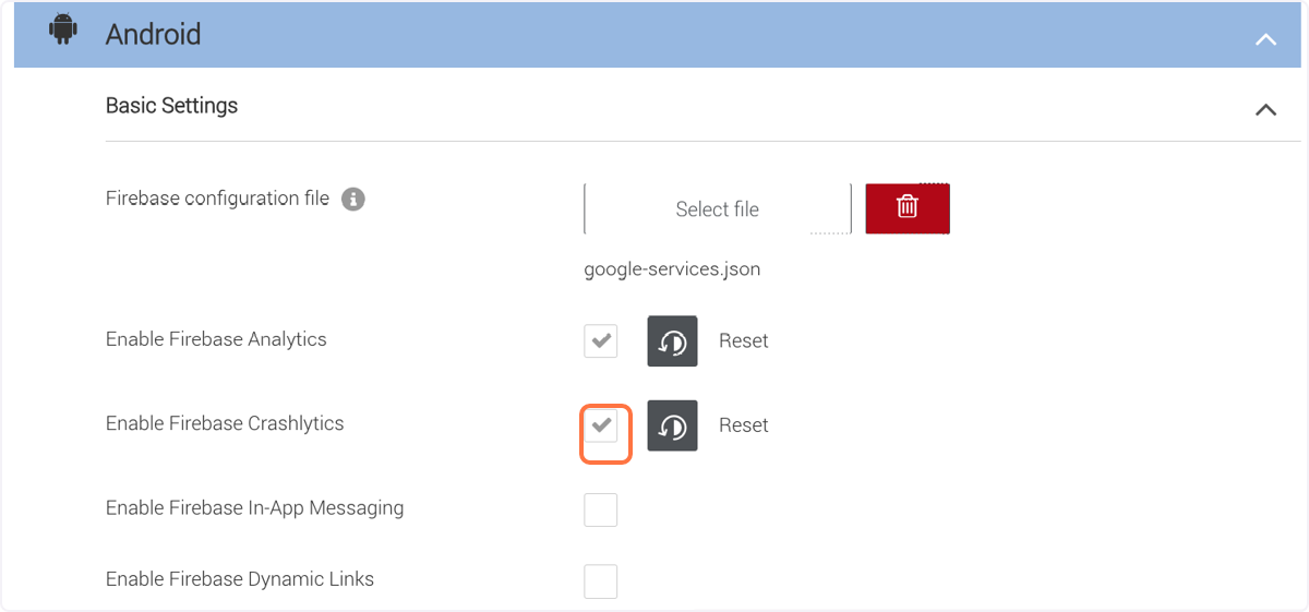 Next to 'Enable Firebase Crashlytics' check the check box Next to 'Enable Firebase Crashlytics' check the check box