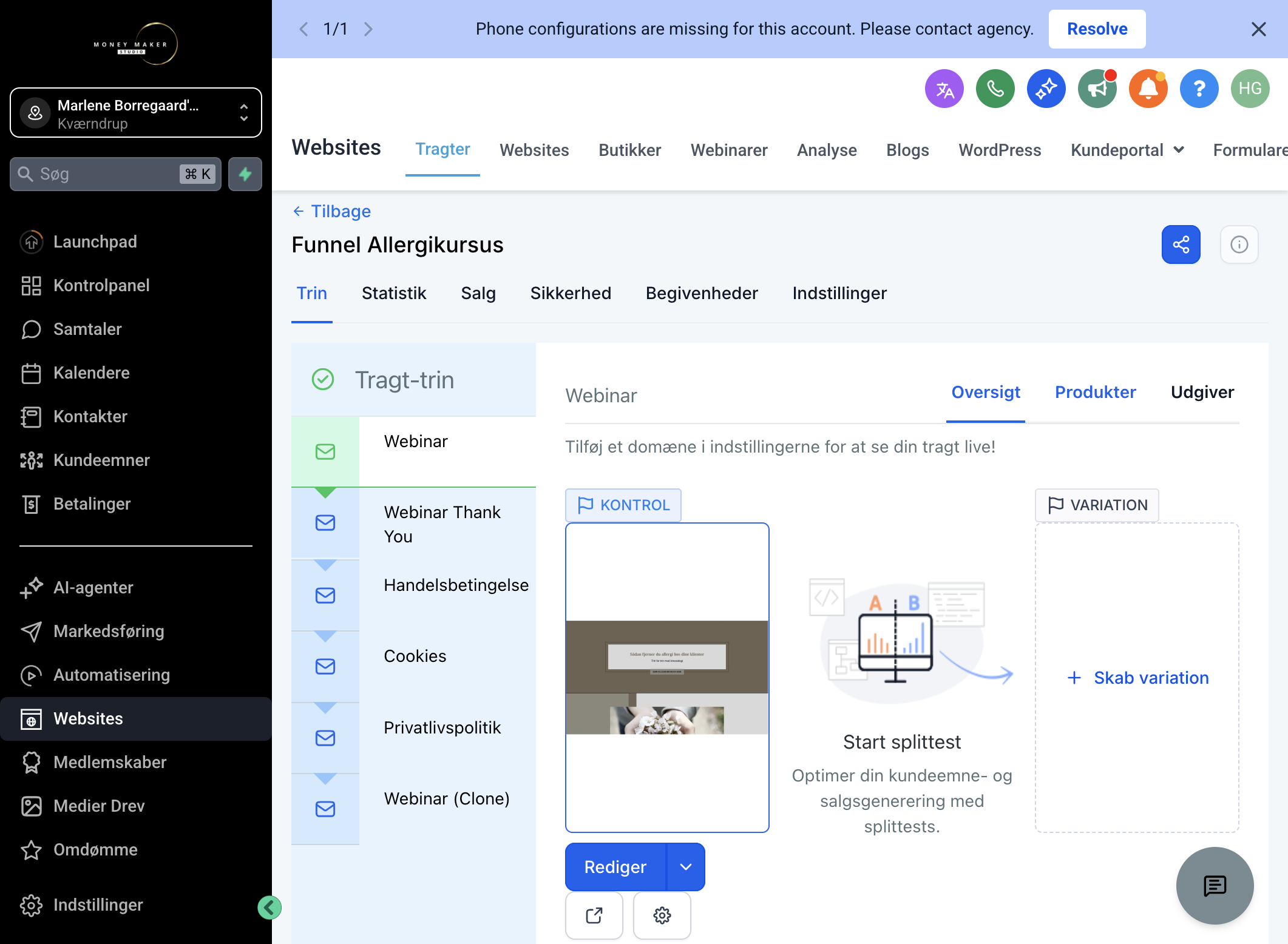 Gå til dit funnel step, hvor dit checkout/ordreformular er indsat og klik på fanen "Produkter/Products"