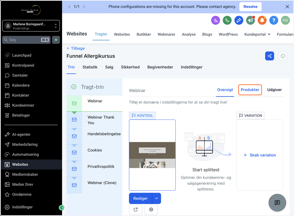 Gå til dit funnel step, hvor dit checkout/ordreformular er indsat og klik på fanen "Produkter/Products"