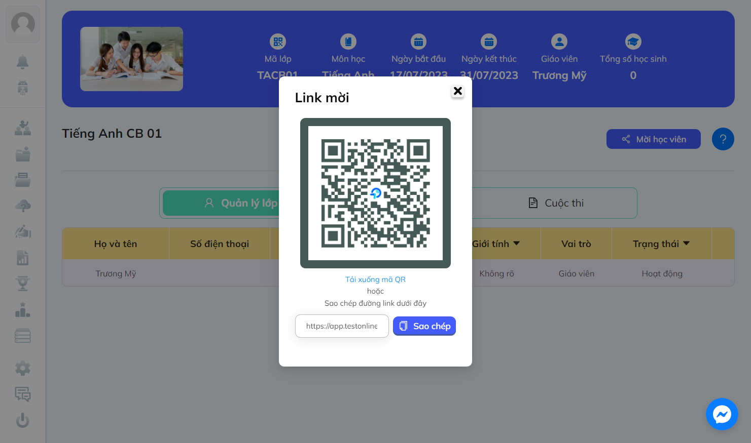 Khung mời học viên. Có các lựa chọn như quét mã QR hay "Sao chép đường link"
