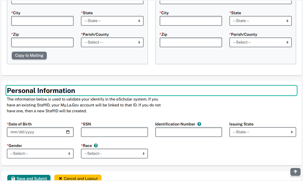 Complete all required information in the Personal Information section.
