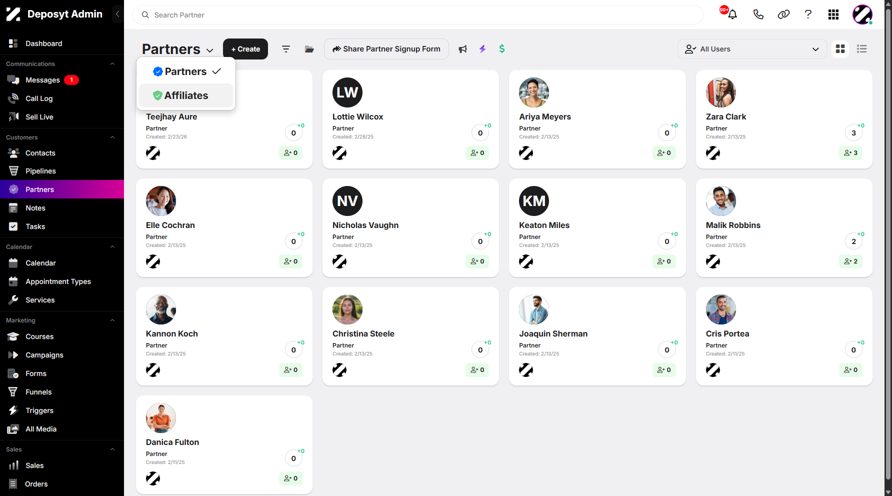 Step 1: Hover over the Partners dropdown menu and click Affiliates to continue.