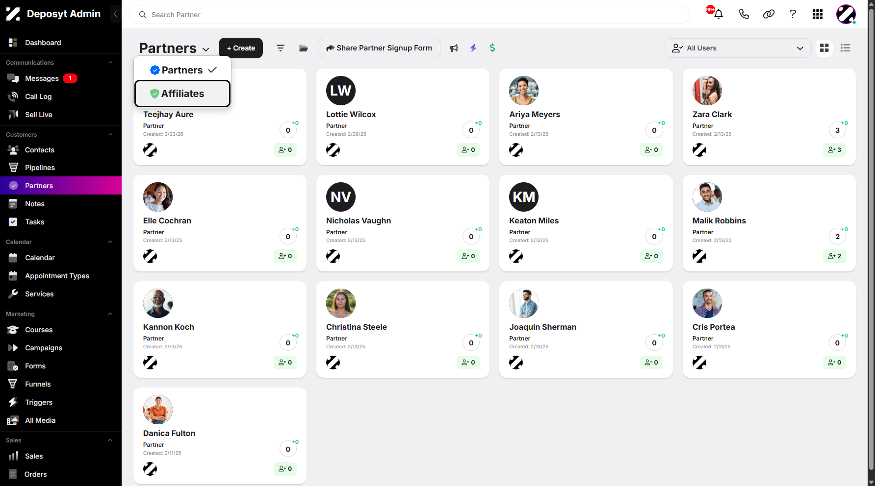 Step 1: Hover over the Partners dropdown menu and click Affiliates to continue.