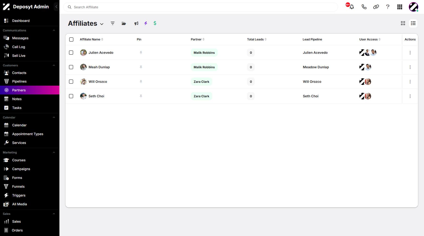 Step 4: You will then be taken to the Affiliates List View.