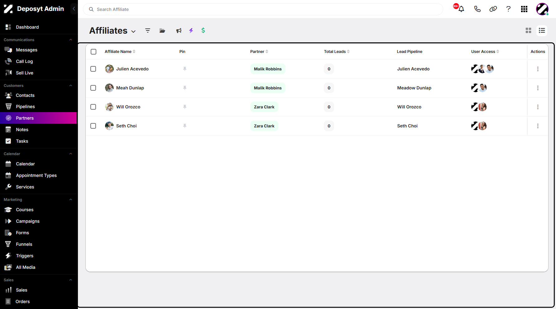 Step 4: You will then be taken to the Affiliates List View.