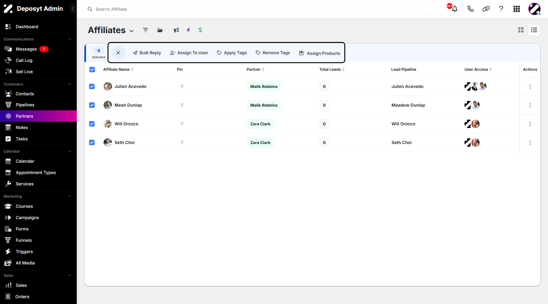 Step 6: You will then be able to access options such as bulk reply, assign to user, apply tags, remove tags, and assign products. This feature allows you to perform bulk actions instantly.