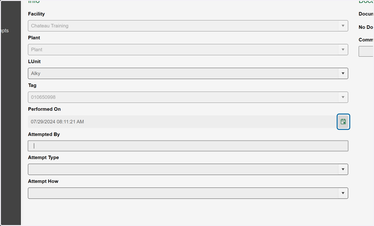 Click on the Calander icon in the Performed On field to add the Date/Time of the repair.