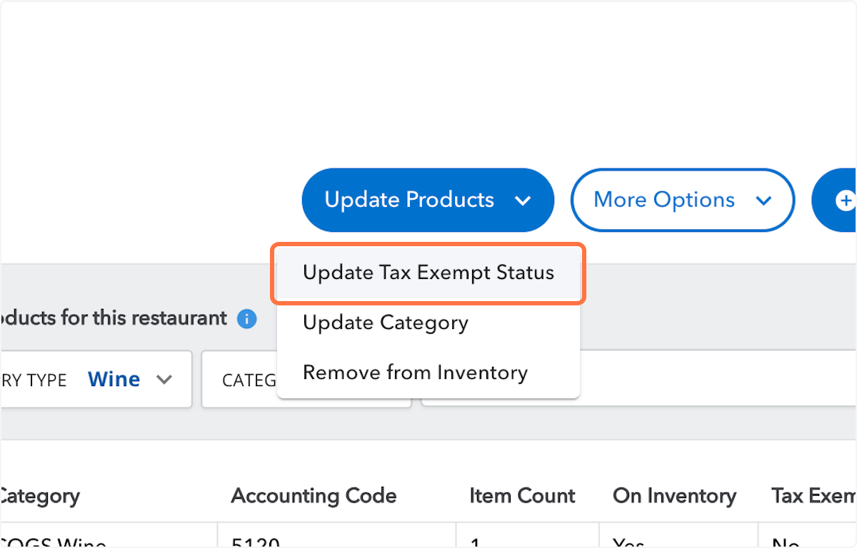 Click on "Update Products" and select "Update Tax Exempt Status"