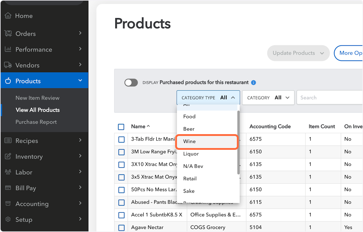 To adjust the Tax Exempt status of many products at once, you'll want to go to the Products page and find the ones you need. In this example, we're going to adjust all Wine products. So under "Category Type" select "Wine"