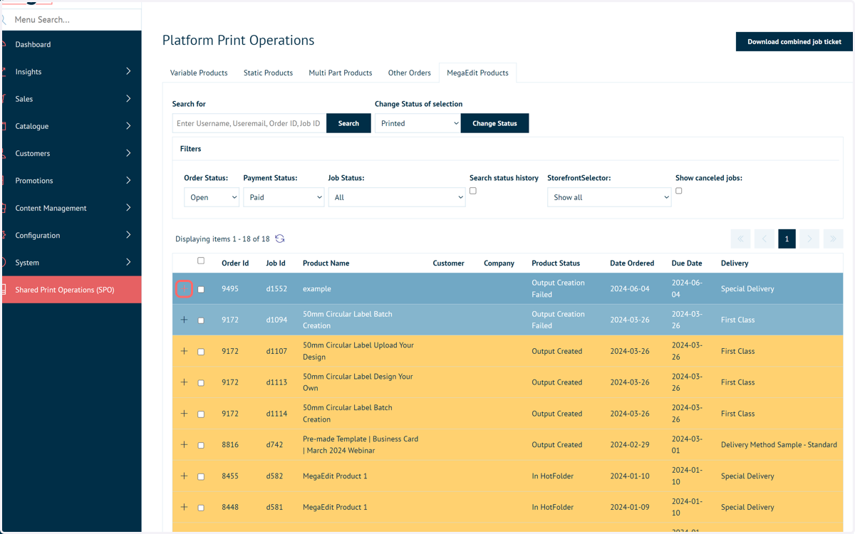 Navigate to SPO and expand the job with the output creation failure error