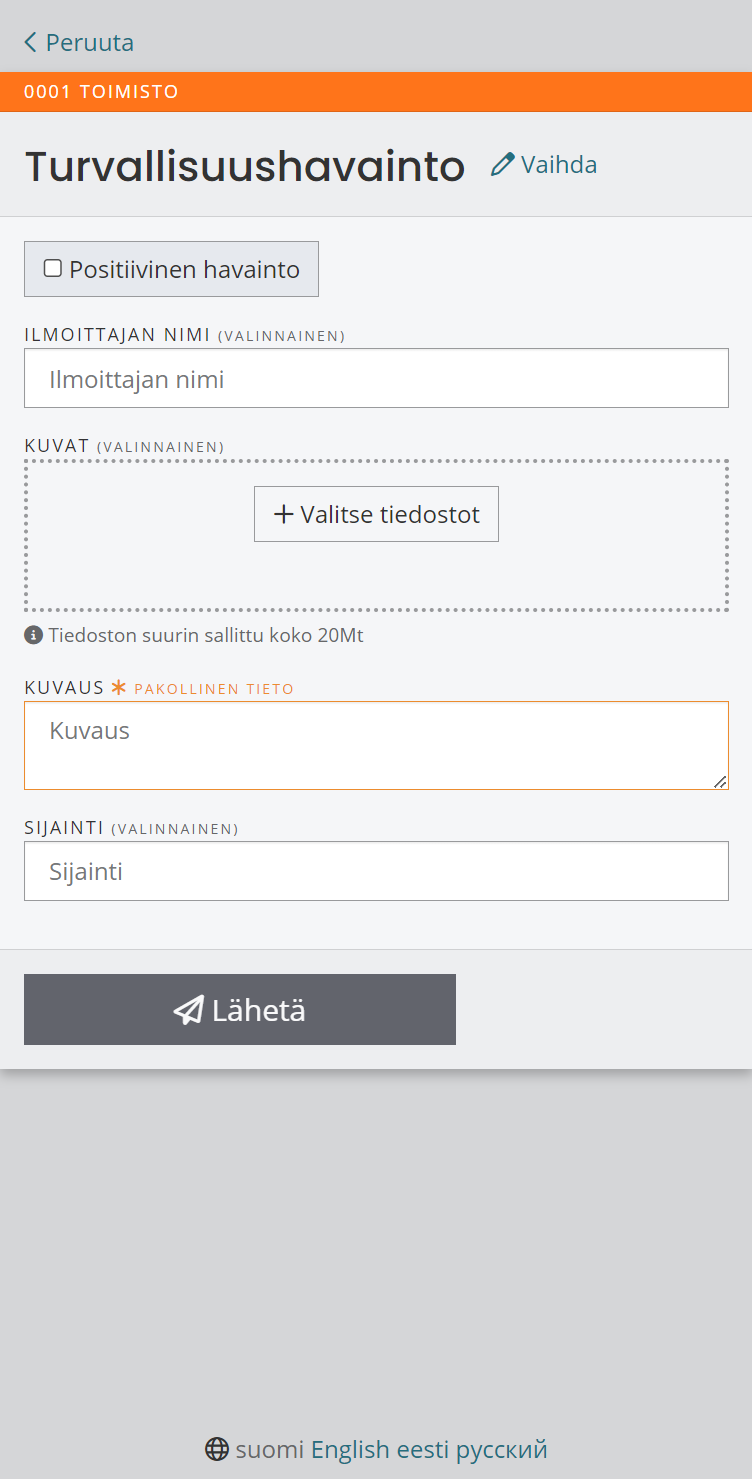 Lisää vähintään kuvaus havainnosta. Voin myös liittää kuvan.