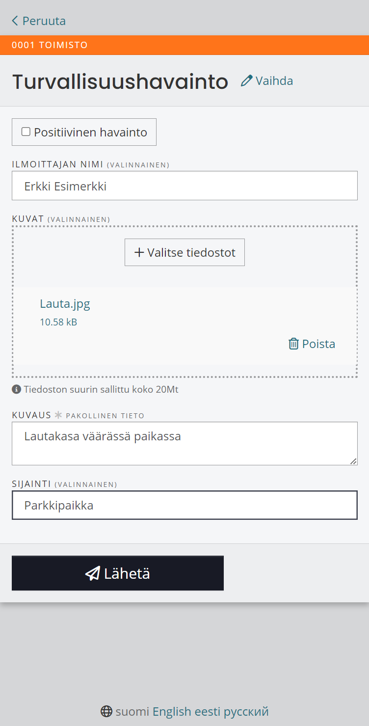 Kirjaa tiedot ja valitse Lähetä