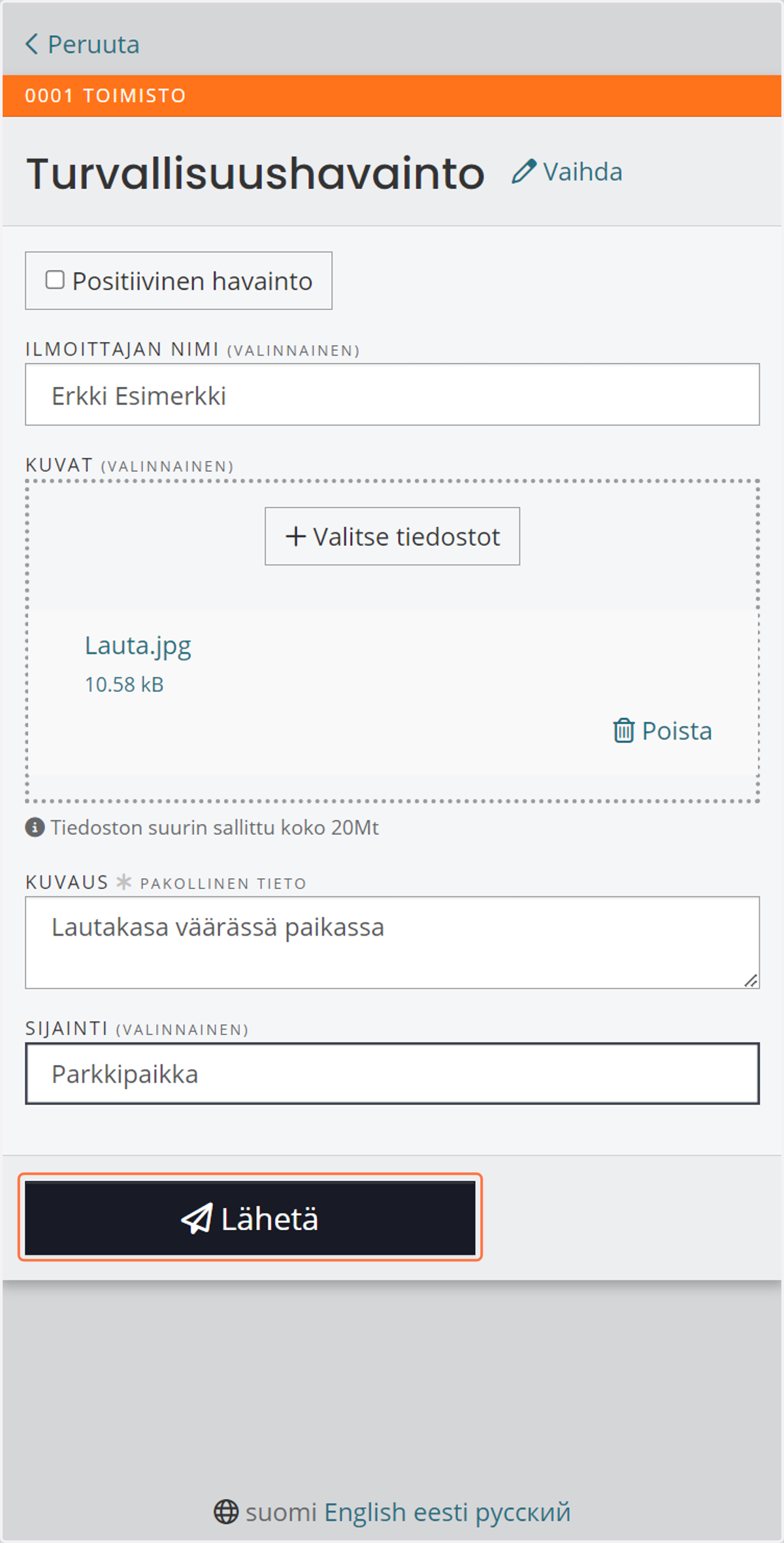 Kirjaa tiedot ja valitse Lähetä