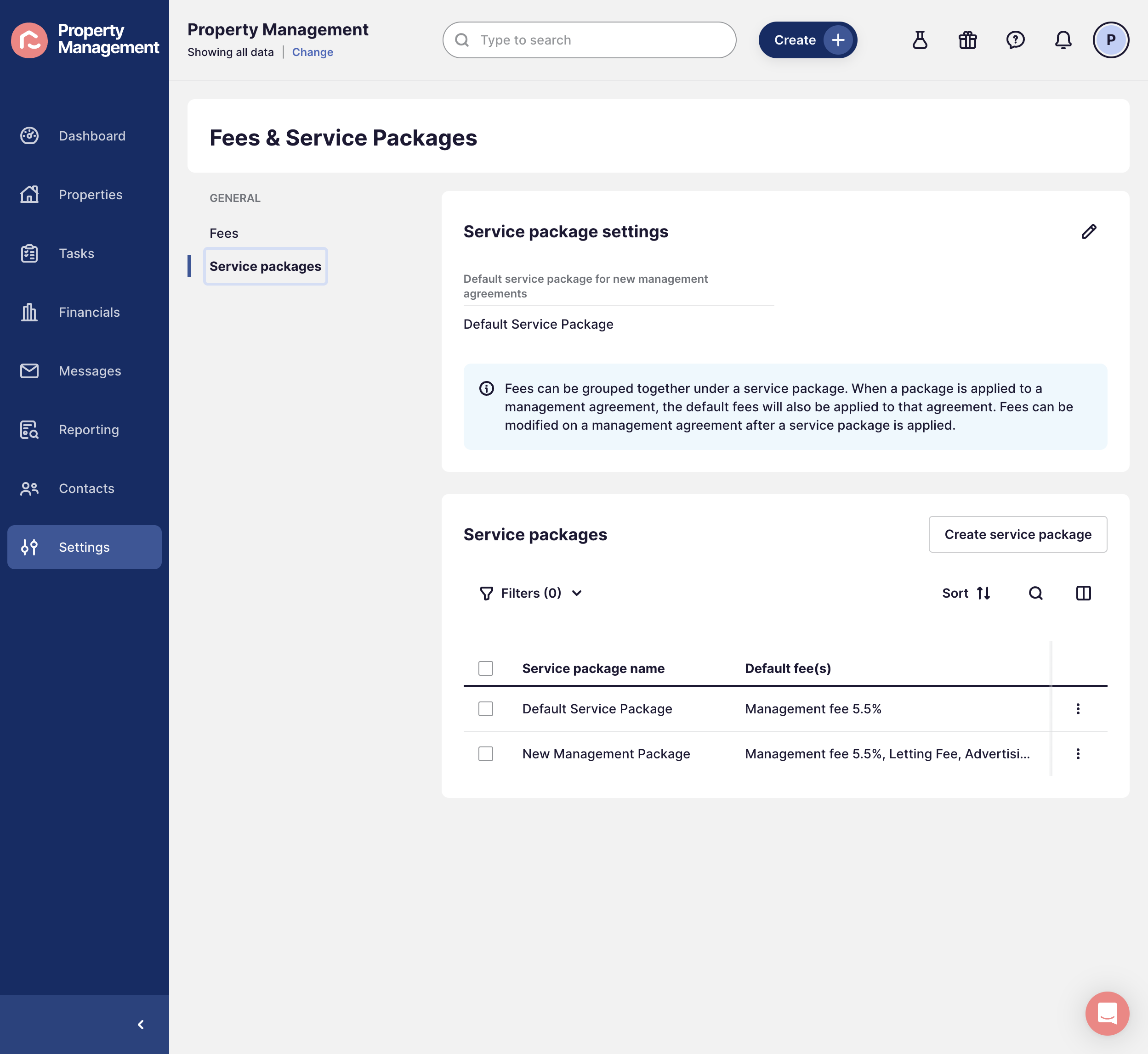 You'll find the default service package settings at the top of the page
