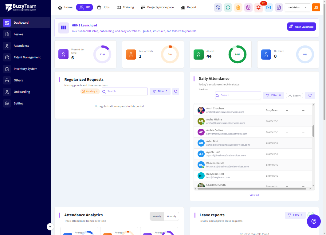 Login to BuzyTeam and Open HR Dashboard