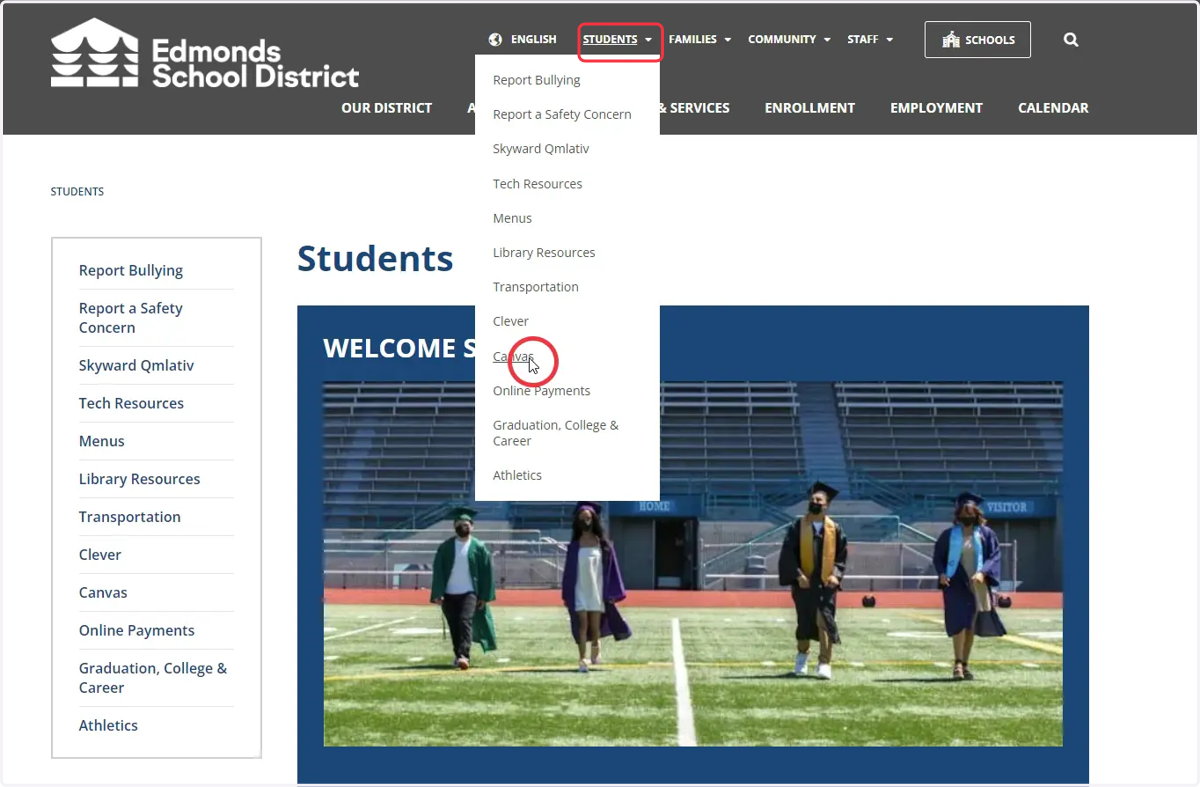 Canvas option on the student dropdown menu