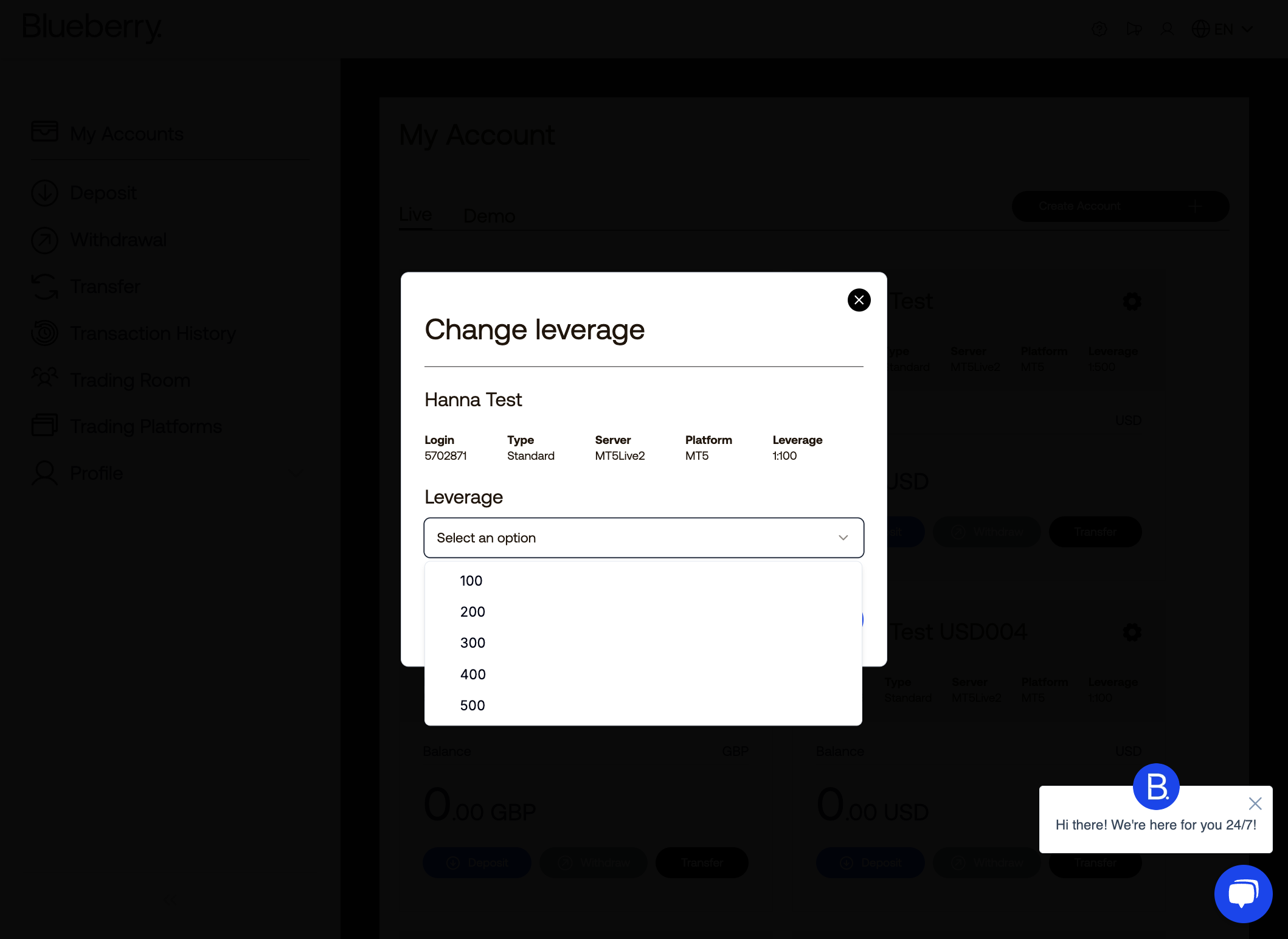 Select your preferred leverage