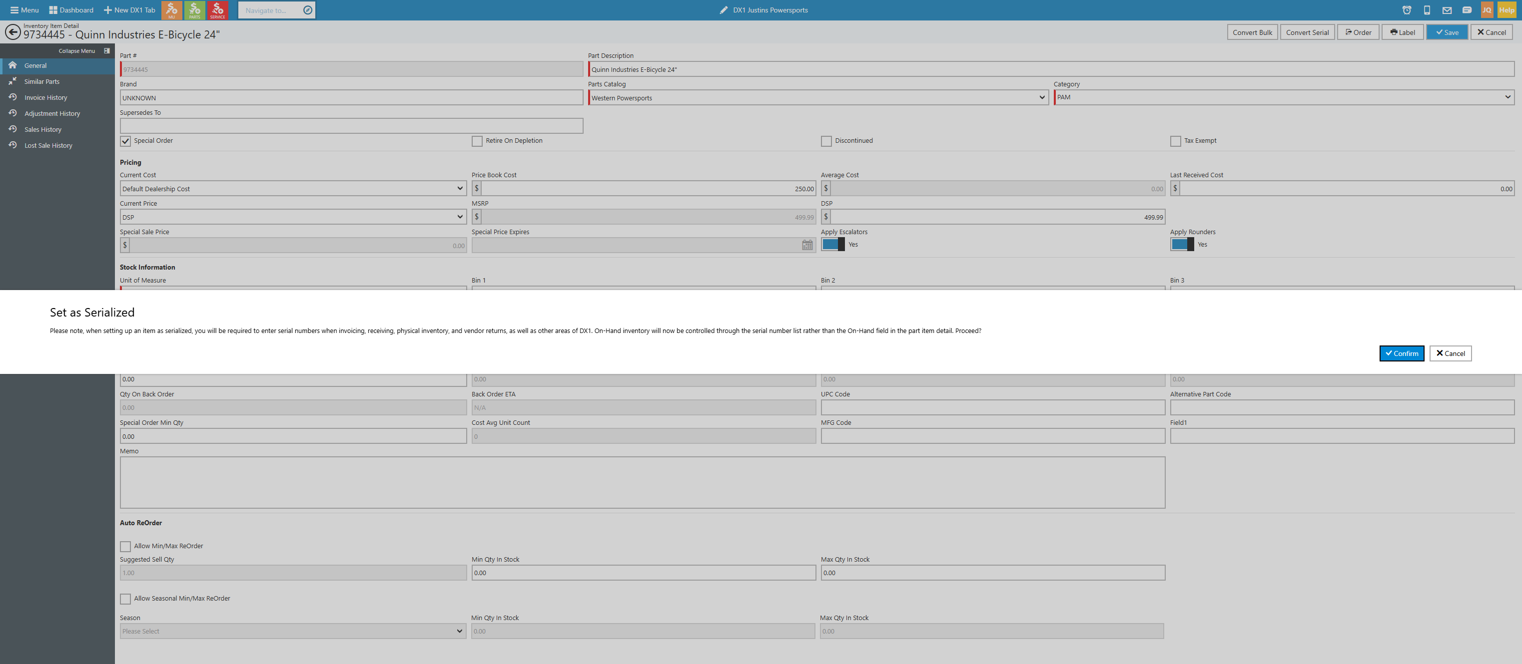 We are making sure you know that serializing a part will impact other workflows in the system. To continue, click Confirm. Congrats your part is now serialized and the next time you order and receive the part, your employee will be required to enter 